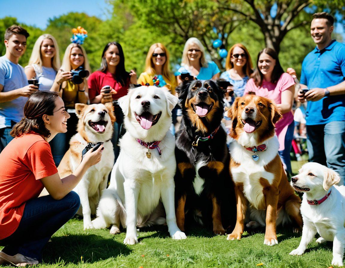 A joyful gathering of diverse dog breeds in a vibrant park, with enthusiastic photographers capturing their playful moments. Show colorful equipment like cameras, props, and treats spread around. Include a sunny sky, blooming flowers, and people happily interacting with their dogs to illustrate the community aspect. super-realistic. vibrant colors. white background.