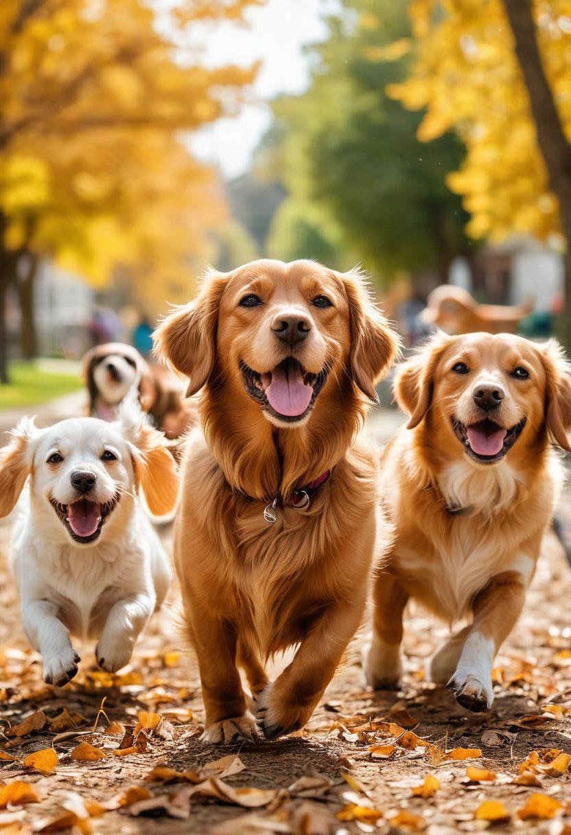 A vibrant outdoor scene showcasing a diverse group of dogs playing joyfully in a sunny park setting. Various breeds, including a Golden Retriever, a Dachshund, and a Beagle, are captured mid-action, with their tails wagging and owners laughing in the background. The image should emphasize the bond between the dogs and their humans, with natural lighting highlighting their fur textures. The atmosphere should radiate happiness and energy. super-realistic. vibrant colors. white background.