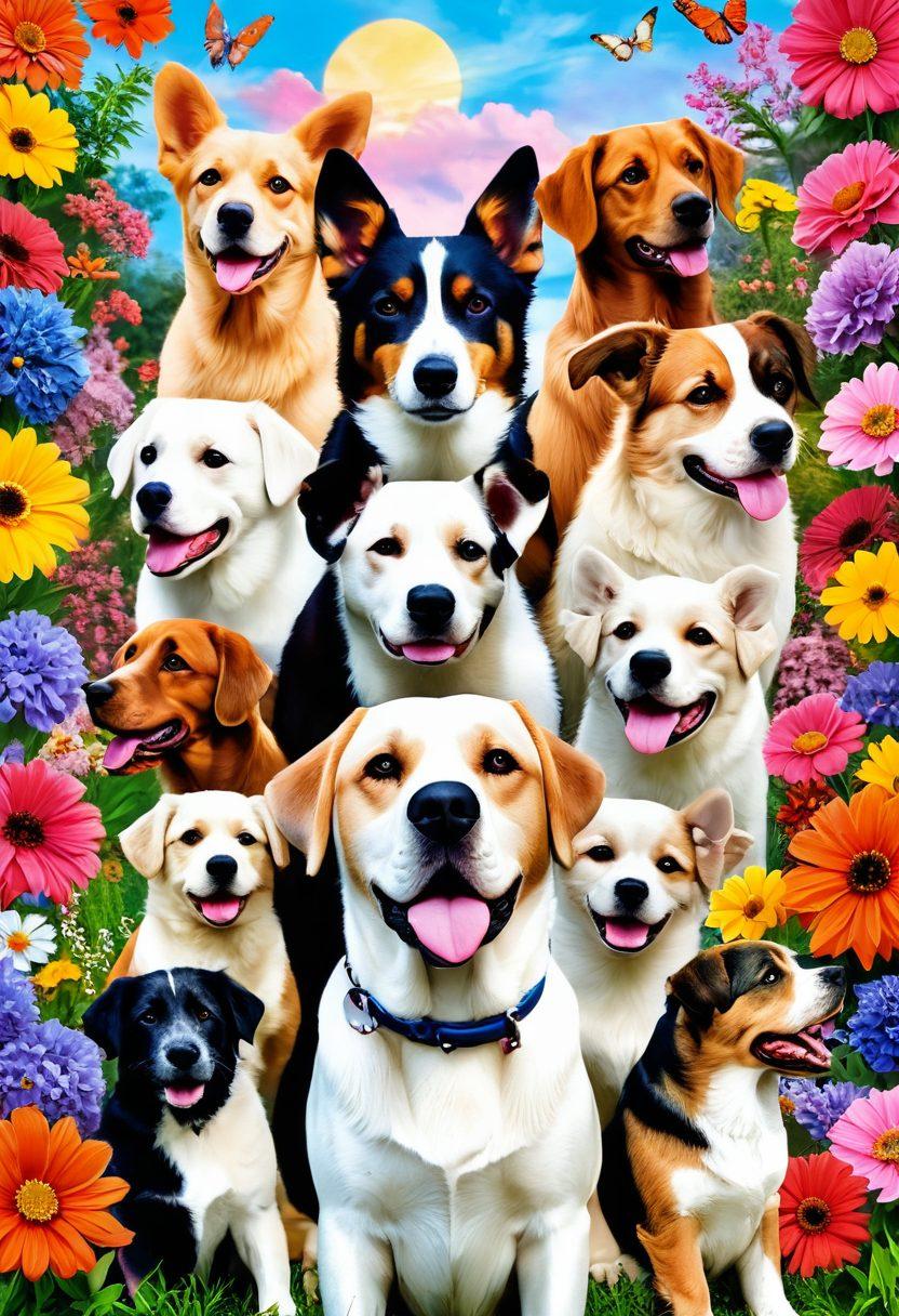 An artistic collage showcasing a diverse array of dog breeds with each breed presented in its unique habitat, emphasizing their distinct characteristics and charms. In the foreground, include playful puppies and majestic adult dogs interacting with their environment, surrounded by colorful flowers and toys. The background should feature a serene landscape blending into urban settings, symbolizing the bond between dogs and their owners. super-realistic. vibrant colors. soft focus.